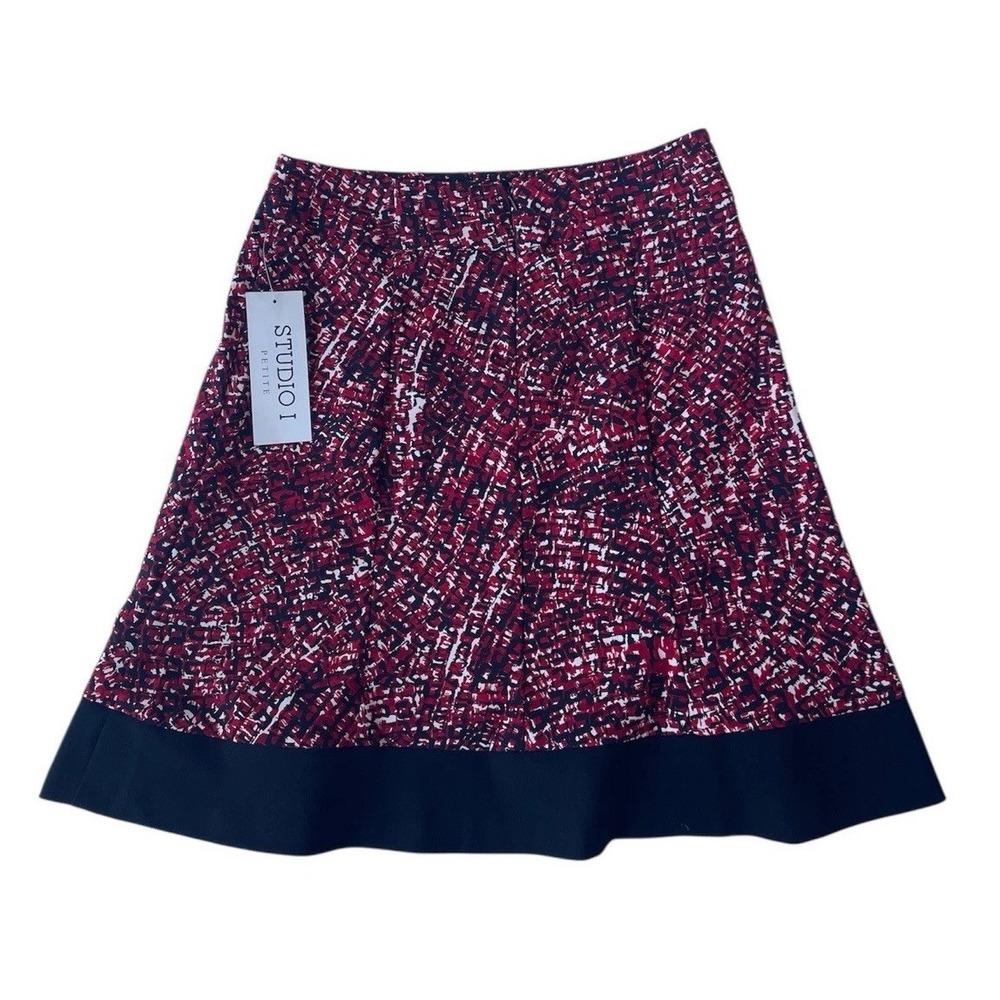 Studio I A-Line Full Skirt Red Black Cream Stretch Abstract NWT Woman 6 Petite